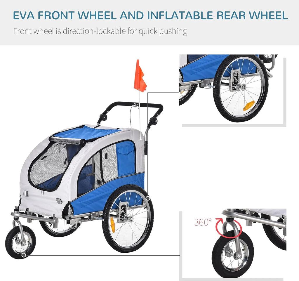 Blue Dog Bike Trailer Pet Stroller With Canopy And Storage Pockets J25034