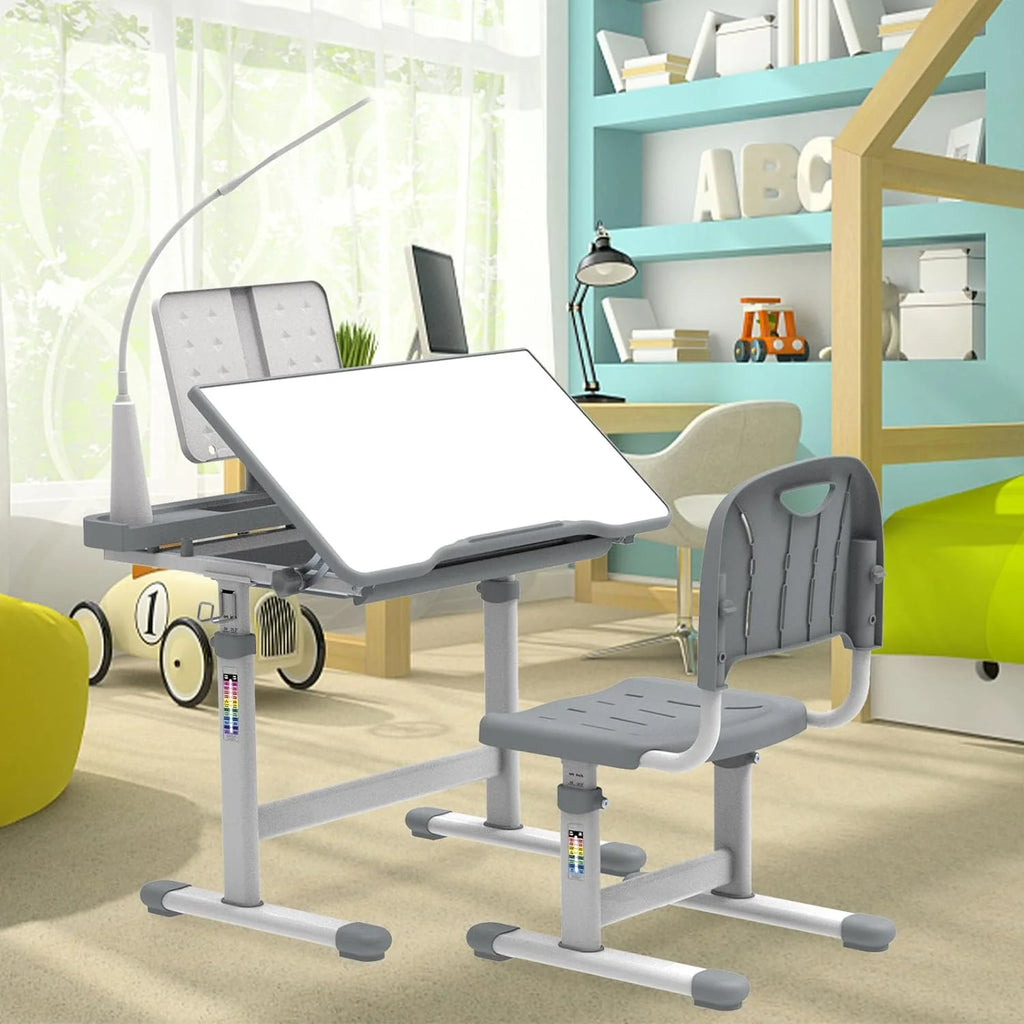 Kids Desk and Chair Set with Light, Height Adjustable Tiltable Desk A4136
