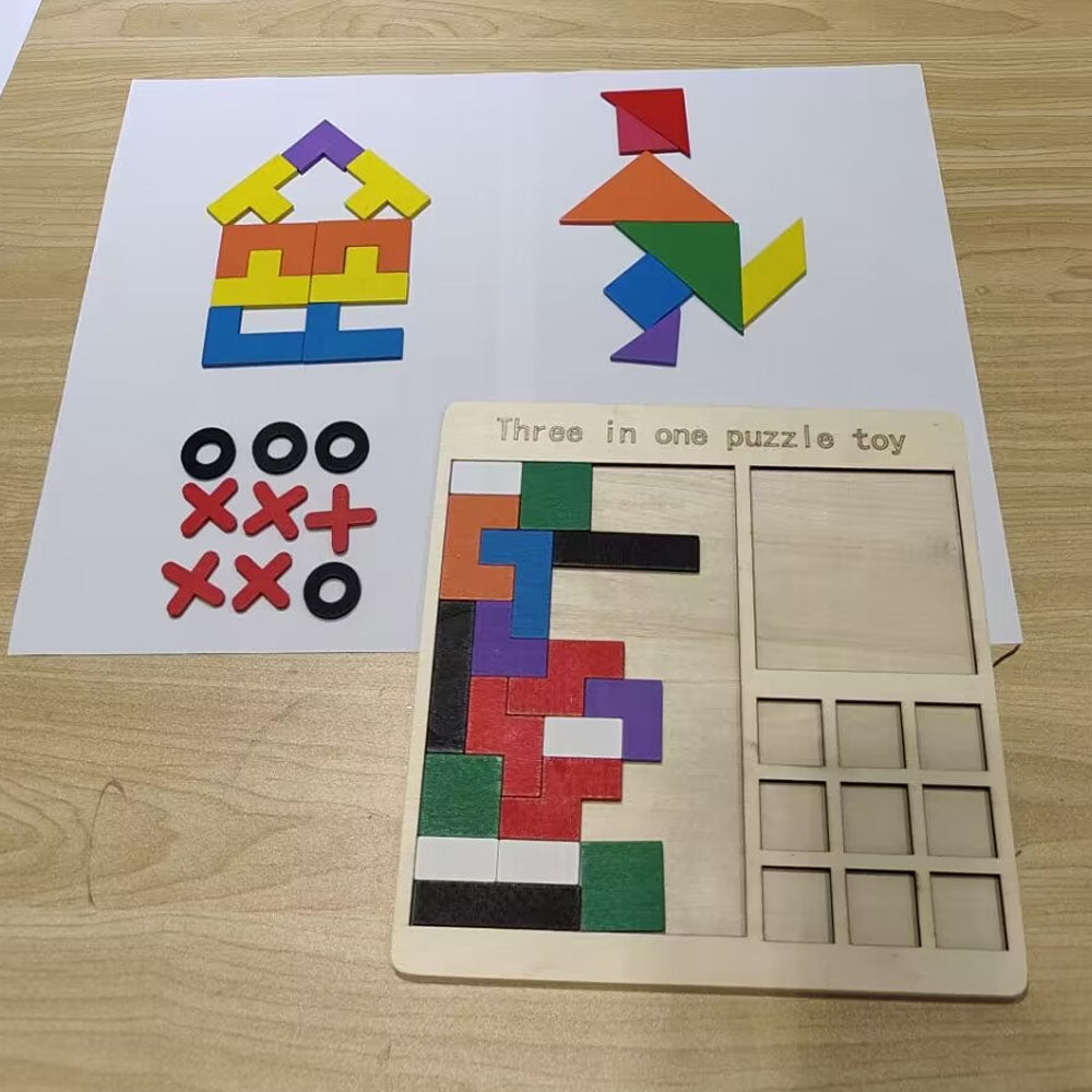 Wooden Blocks Puzzle Brain Teasers Toy, Tic Tac Toe Board Game Toy, Tangram Puzzle Toy Y1858