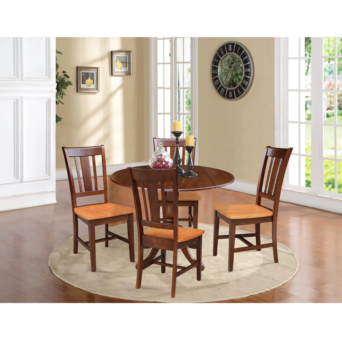 42 in Solid Wood Dining Table with 4 Splat Back Chairs E37069