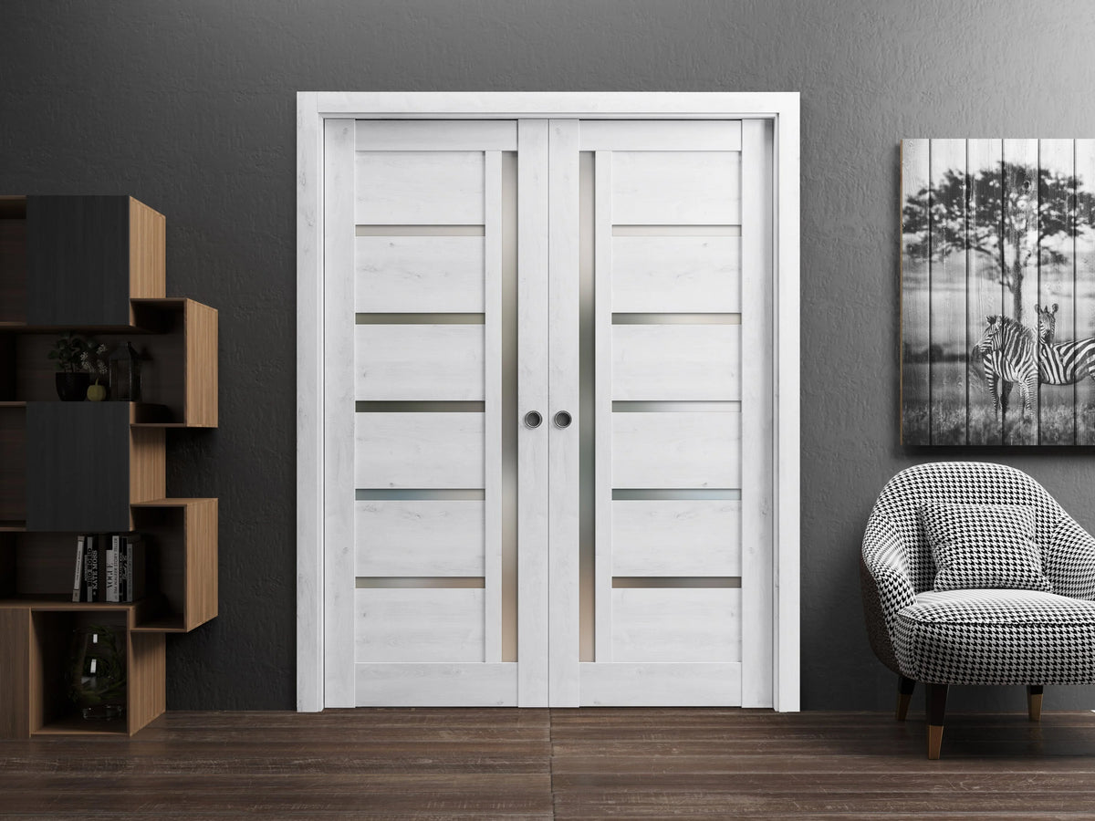 Solid Wood Interior Sliding French Double Pocket Doors 72 x 80 inches with Frosted Glass F66182