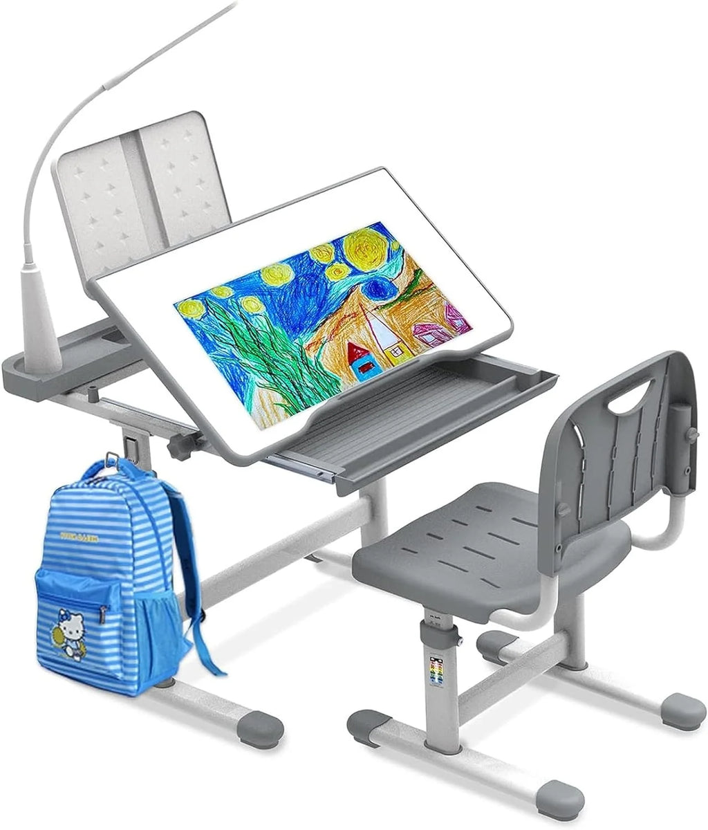 Kids Desk and Chair Set with Light, Height Adjustable Tiltable Desk A4136