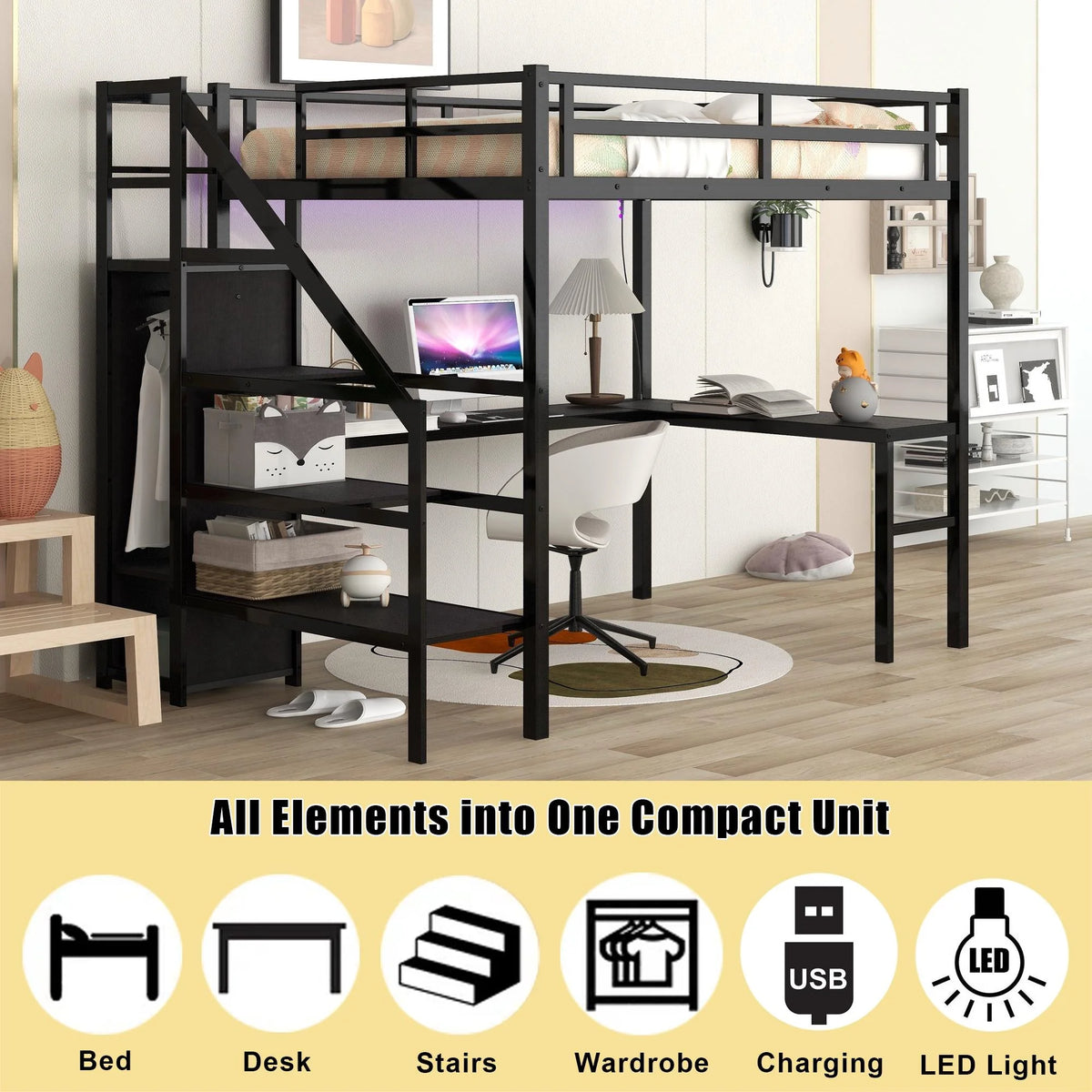 Black Full Size Metal Loft Bed with Desk and Stairs F758875