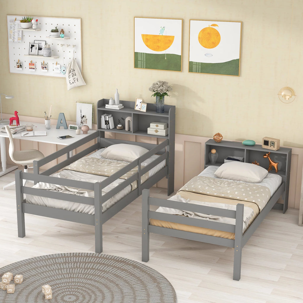 Twin over Twin Wood Bunk Bed with Storage Headboard I21594