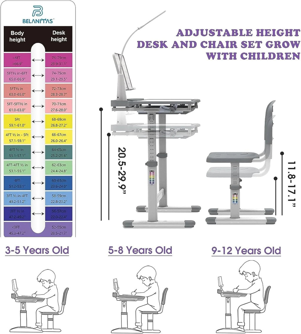 Kids Desk and Chair Set with Light, Height Adjustable Tiltable Desk A4136