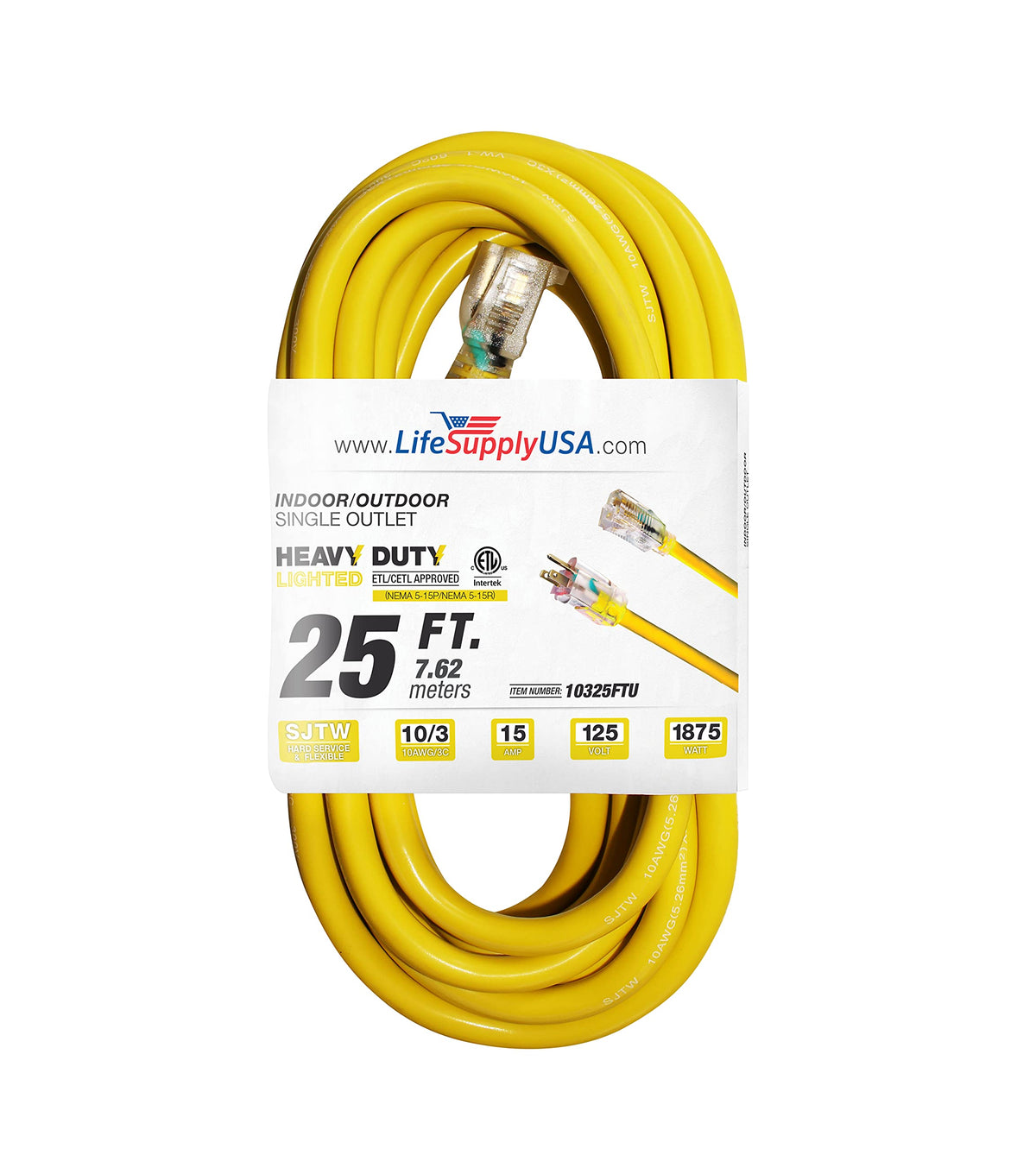 25 ft 10 gauge 3 prong SJTW Yellow Lighted End Extension Cord B541876