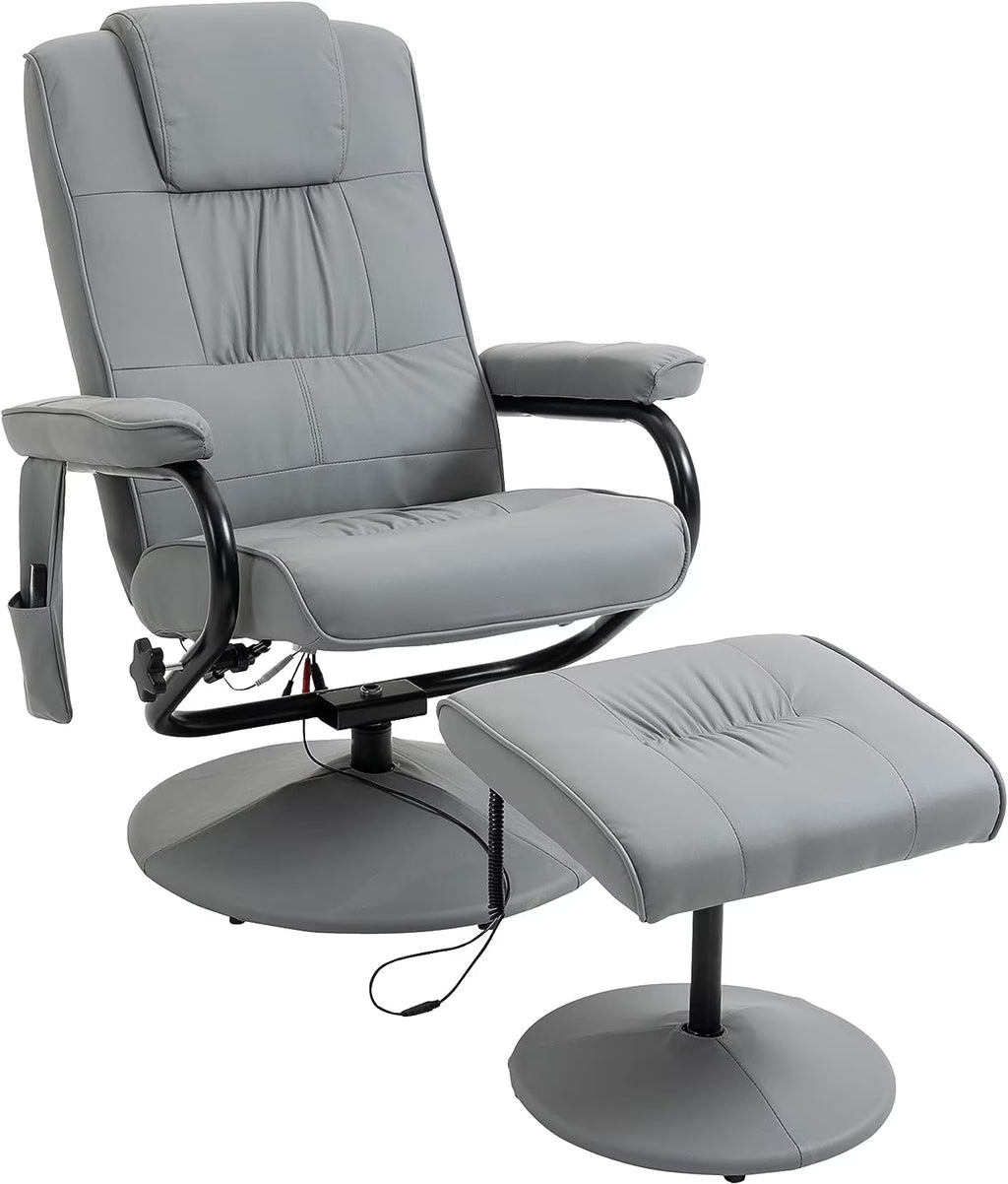 Gray Faux Leather Massaging Recliner Chair and Ottoman Set M6296