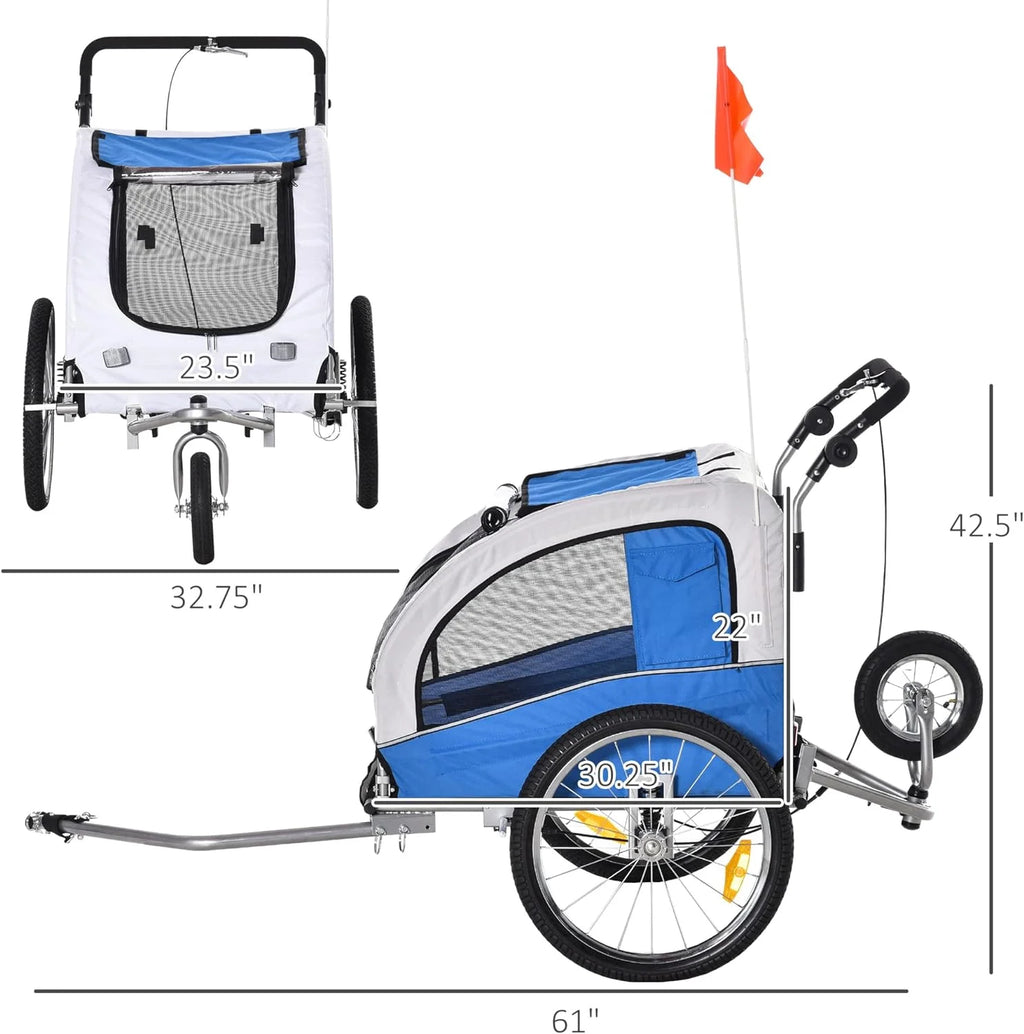 Blue Dog Bike Trailer Pet Stroller With Canopy And Storage Pockets J25034