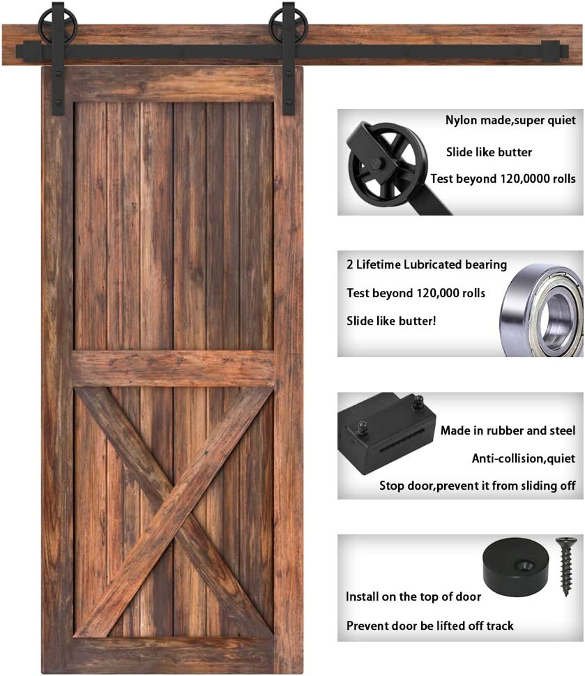 5-16FT Single Wood Sliding Barn Door Hardware Kit 6FT Basic Black Carbon Steel Flat Track System Pack of 2 U550