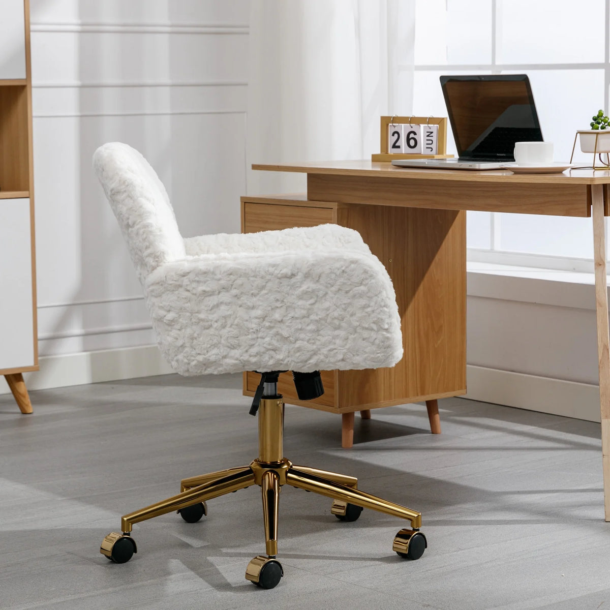 Beige Faux Rabbit Hair Office Chair with Adjustable Swivel V80608