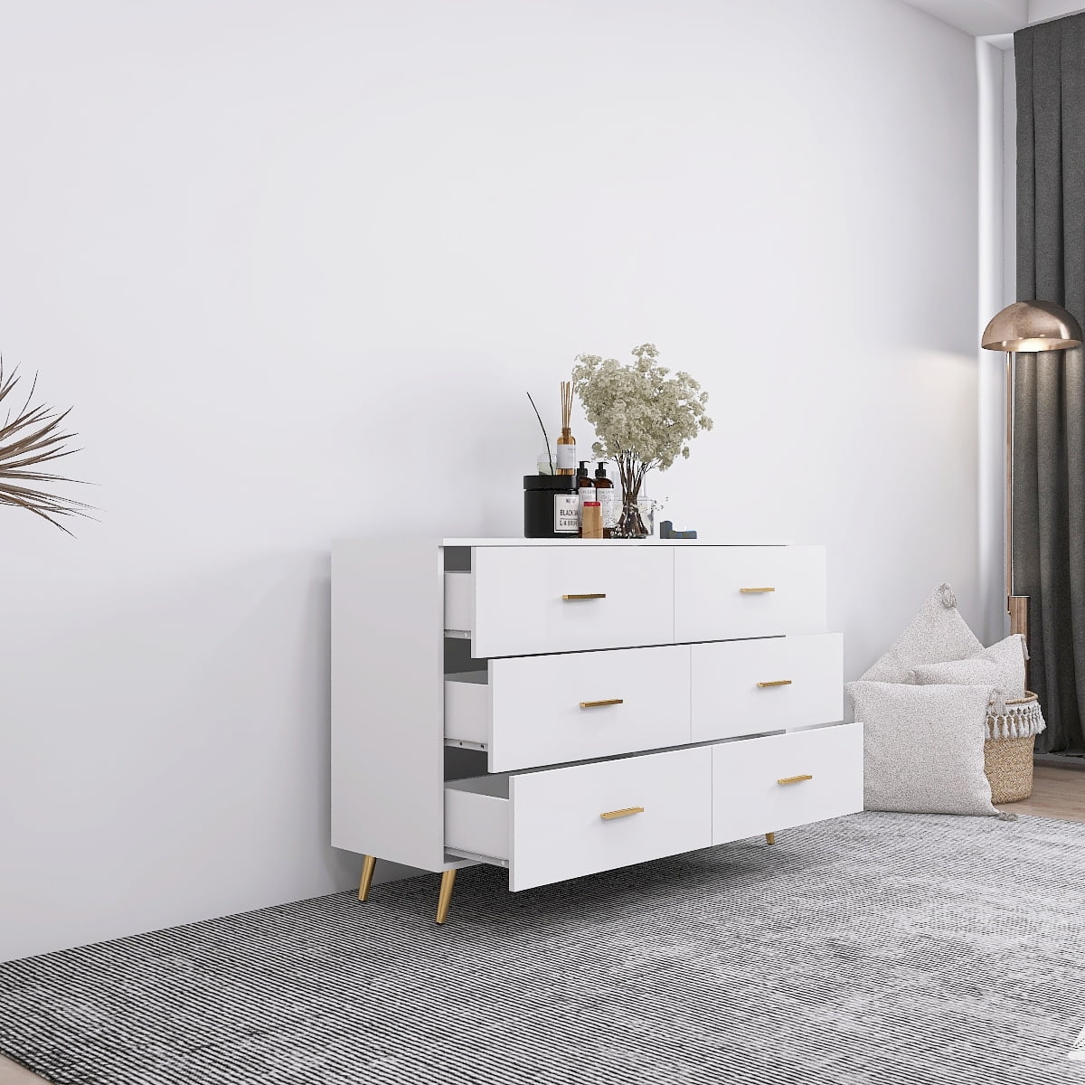 White 6 Drawer Chest of Drawer with Golden Handle and Golden Steel Legs K5597