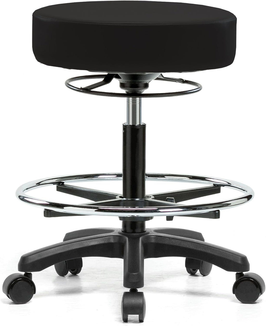 Rolling Height Adjustable Stool with Footring (Black Vinyl) T554