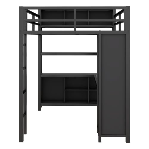 Black Full Size Metal Loft Bed with Wardrobe and L-Shaped Desk R992432