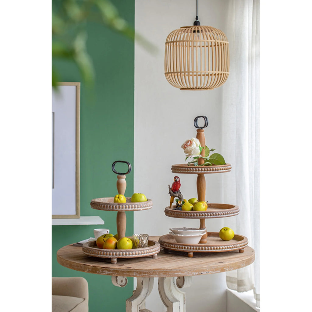 2-Tiered Round Wooden Tray with Handle D649