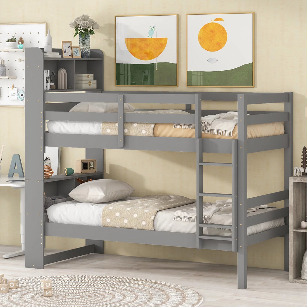 Twin over Twin Wood Bunk Bed with Storage Headboard I21594