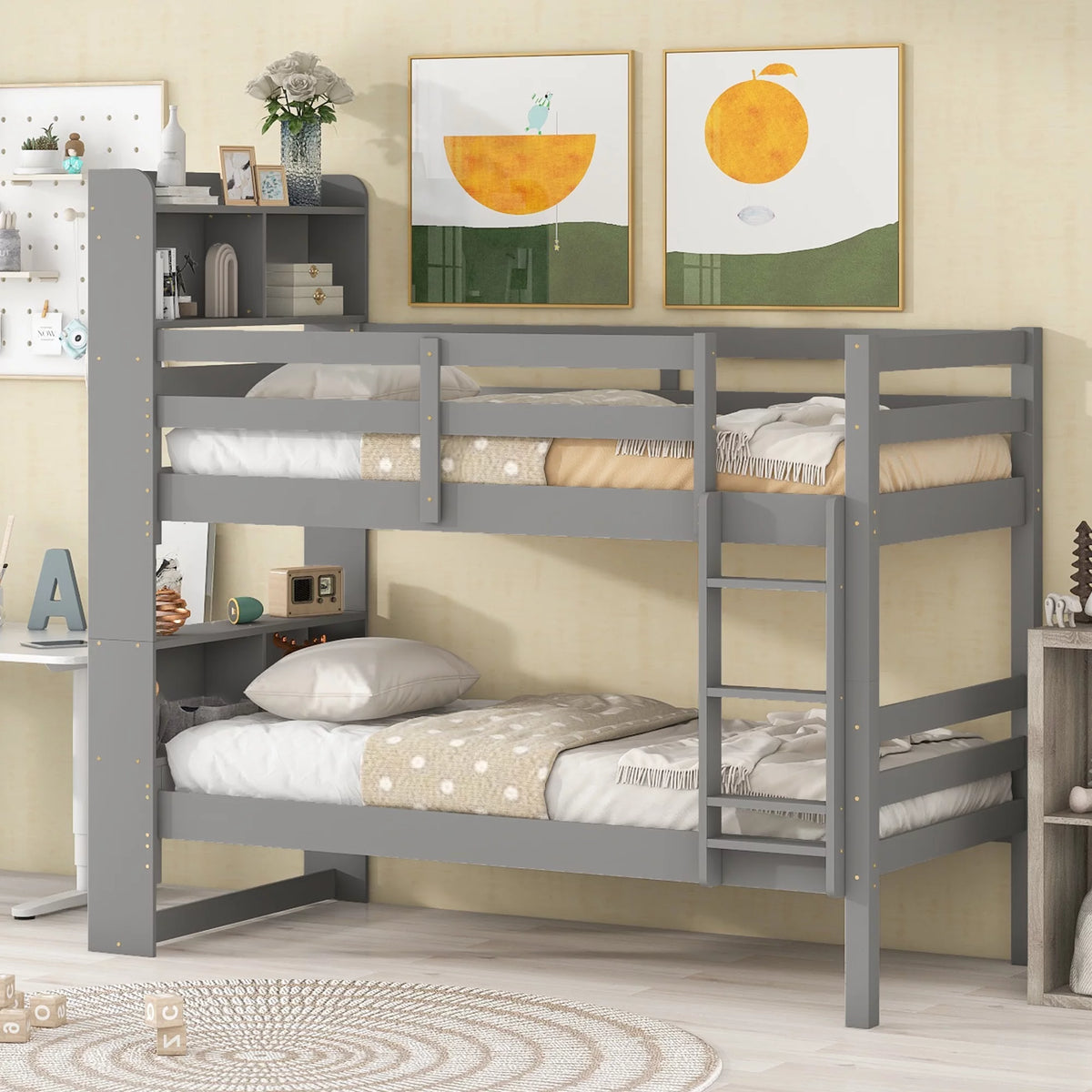 Twin over Twin Wood Bunk Bed with Storage Headboard I21594