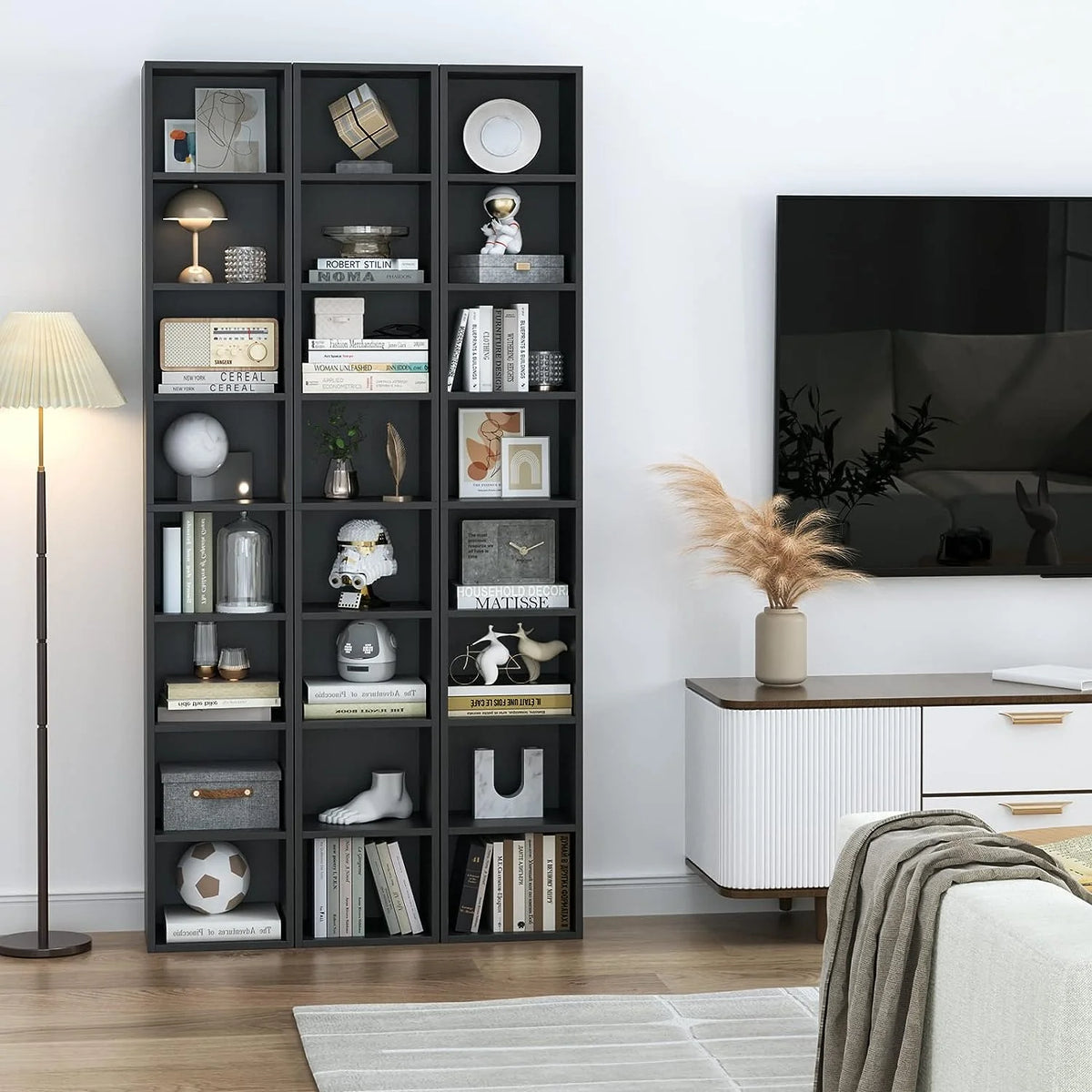 8-Tier Tall Narrow Media Storage Cabinet with Adjustable Shelves, Black I3937