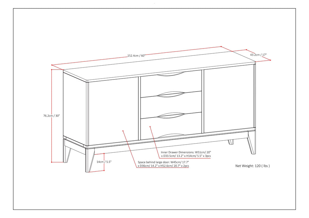 Walnut Brown 60 inch Solid Hardwood Sideboard Buffet V351