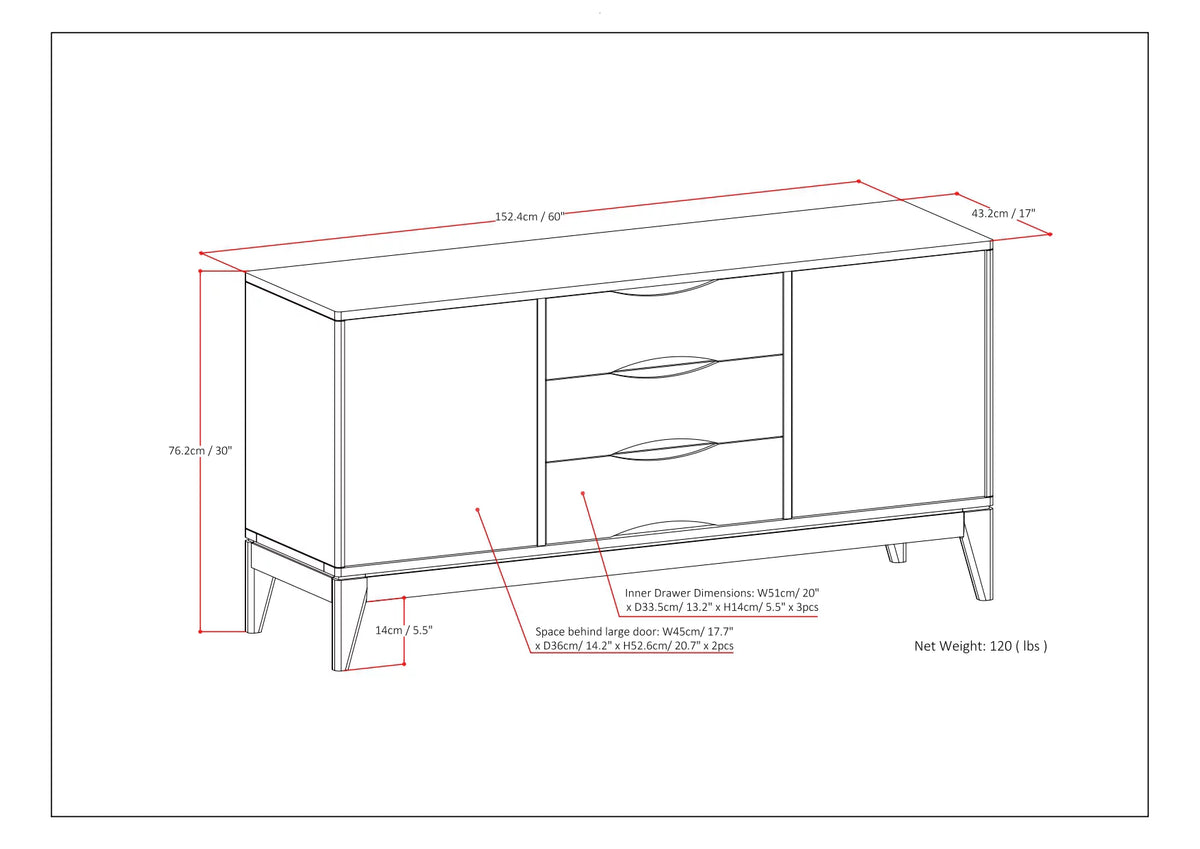 Walnut Brown 60 inch Solid Hardwood Sideboard Buffet V351