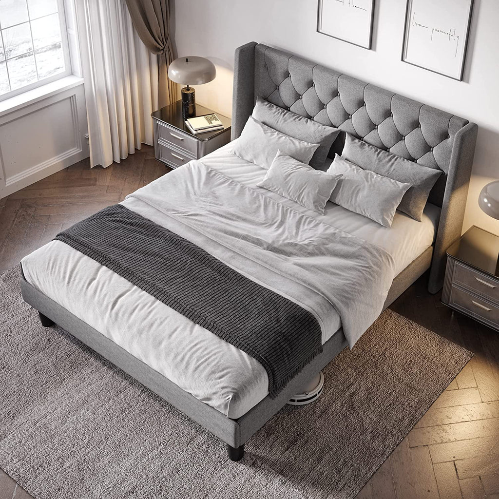Queen Size Upholstered Platform Bed Frame with Wingback S668