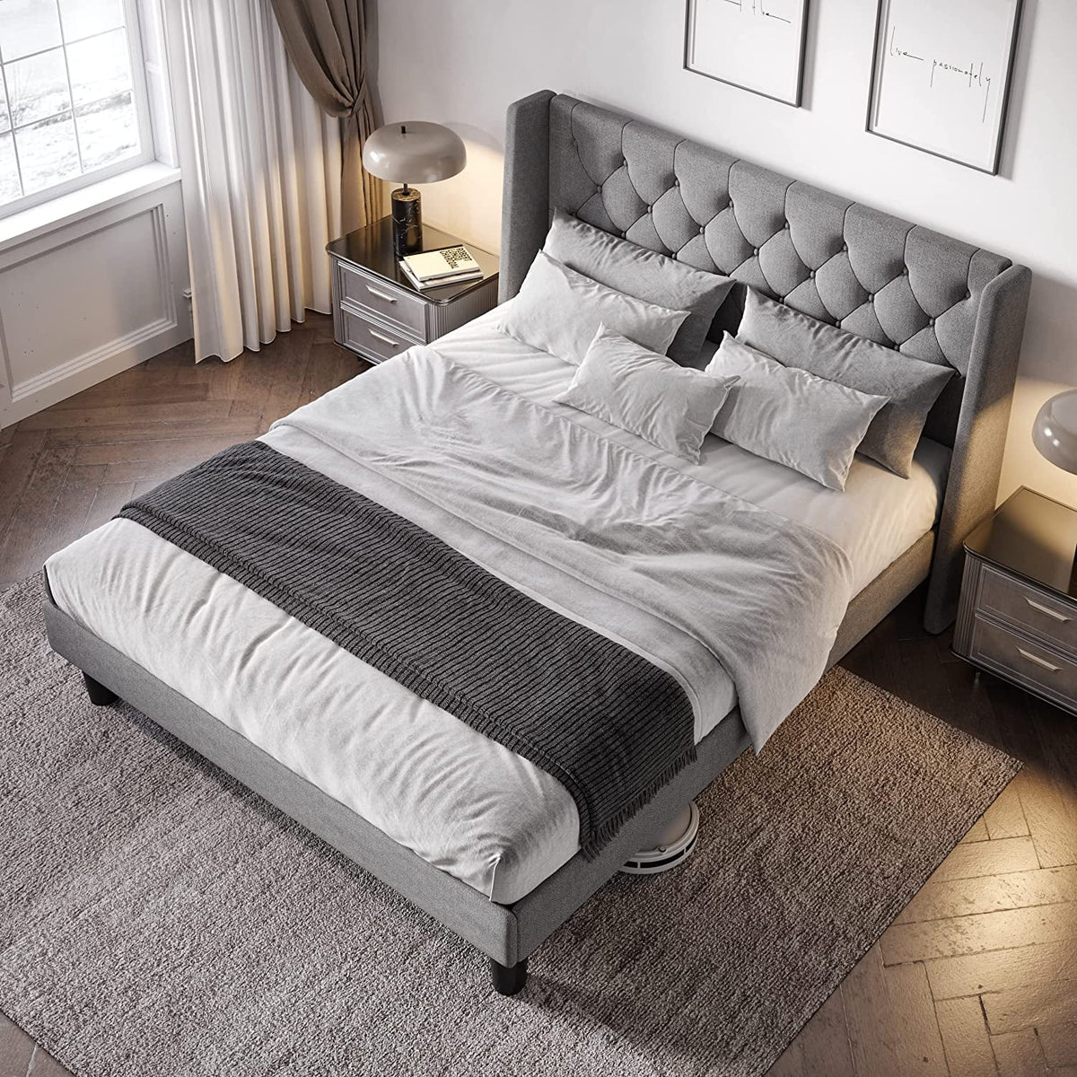Queen Size Upholstered Platform Bed Frame with Wingback S668