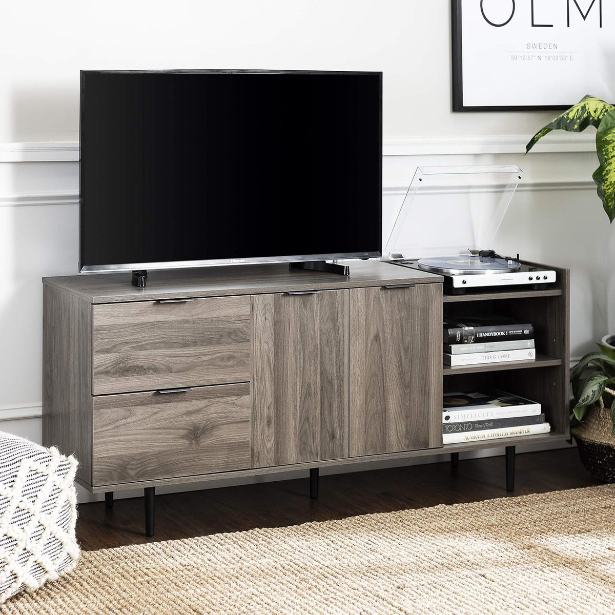 60 Inch Slate Grey Wood TV Stand with Cabinet Doors and Drawers O61765