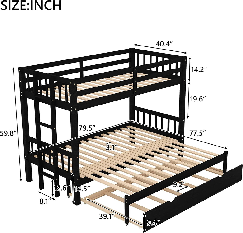 Twin Over Twin/King Wooden Bunk Beds with Trundle and Ladder B53090