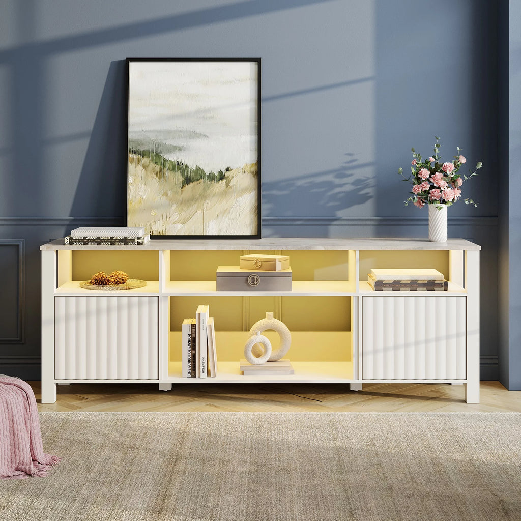 White Wood TV Stand with 6 Storage K6515