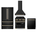 30 Gas Range, Range Hood, Refrigerator, Dishwasher in Black Stainless with Gold Accents P884