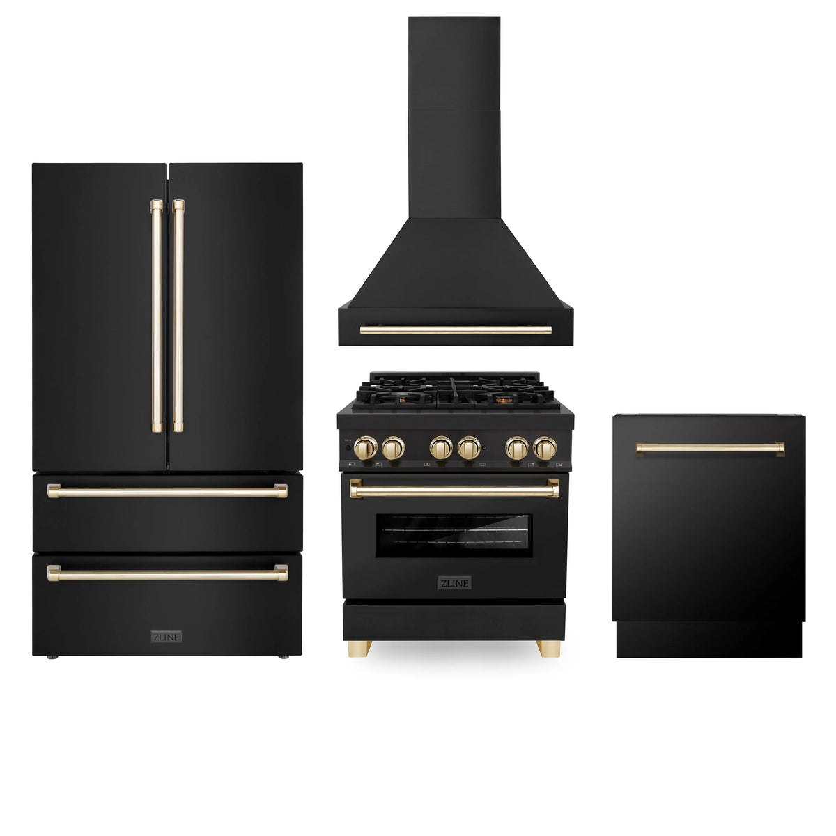 30 Gas Range, Range Hood, Refrigerator, Dishwasher in Black Stainless with Gold Accents P884