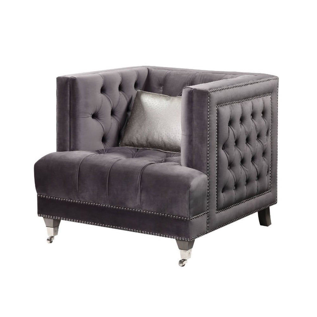 Gray Velvet Chair with Pillow C95128