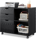 Black 3-Drawer Mobile Wood File Cabinet with Open Storage Shelves B9170