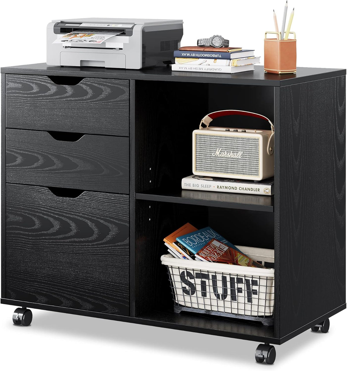Black 3-Drawer Mobile Wood File Cabinet with Open Storage Shelves B9170